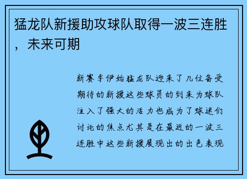 猛龙队新援助攻球队取得一波三连胜，未来可期